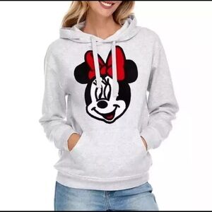 NWT Disney Minnie Mouse Licensed Hoodie Crochet Patch Sweatshirt Heather Grey L
